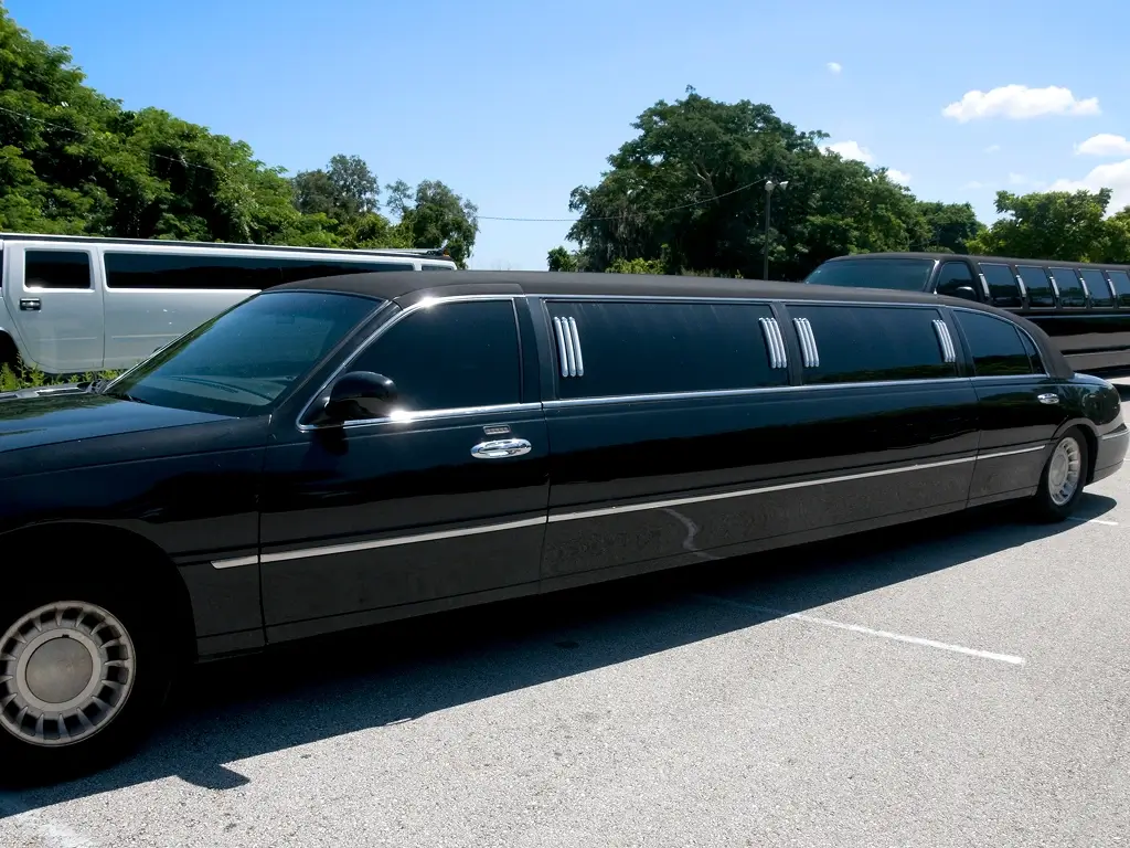 A sleek black limousine parked on a sunny day.